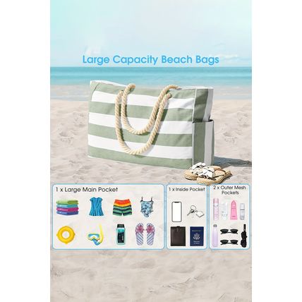 Smoke Green Striped Waterproof Canvas Large Capacity Tote Bag