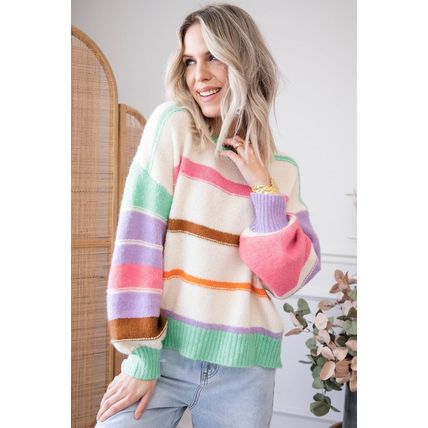 Multicolor Striped Colorblock Drop Shoulder Sweater