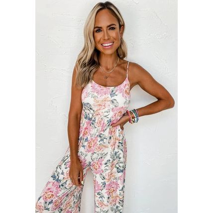 White Floral Spaghetti Straps Wide Leg Jumpsuit