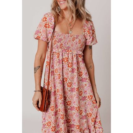 Pink Floral Square Neck Knotted Ruffle Midi Dress