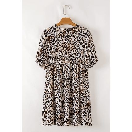 Multicolour Leopard Tie Front Puff Sleeve Short Flared Dress