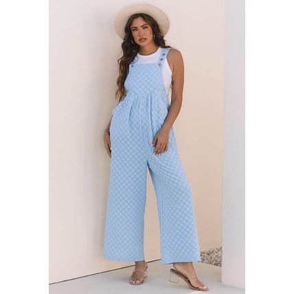 Beau Blue Checkered Pocketed High Waist Wide Leg Overall
