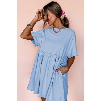 Sky Blue Solid Color Pocketed Raw Edge Babydoll Dress