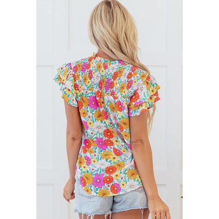 Yellow Floral Print Shirred Tiered Ruffled Sleeve Blouse