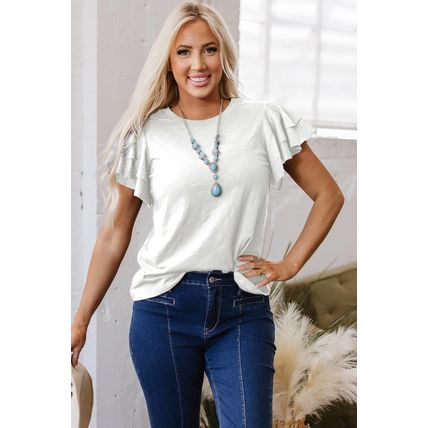 White Layered Ruffle Short Sleeve Round Neck Top