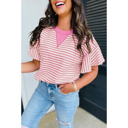Sachet Pink Contrast Detail Striped Ruffle Short Sleeve Top