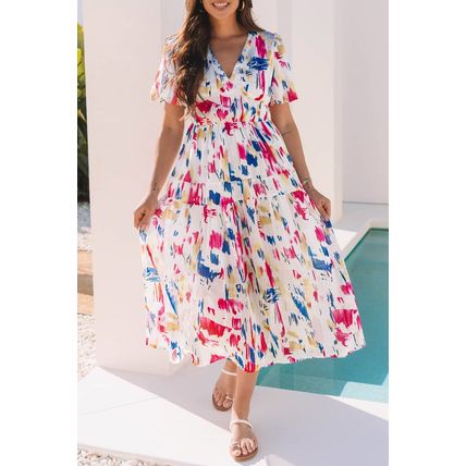 Rose Abstract Print Short Puff Sleeve Tiered Maxi Dress