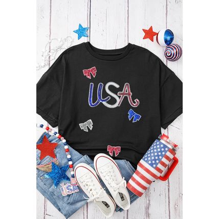 Black Sequin USA Bow Graphic Independence Day T Shirt