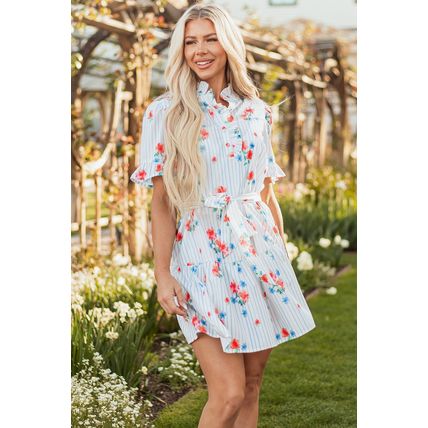 Sky Blue Stripe Floral Pattern Ruffle Short Sleeve Belted Mini Dress