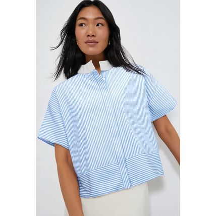Sky Blue Stripe Contrast Collar Patchwork Hidden Button Short Sleeve Summer Shir
