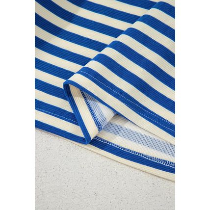 Dark Blue Stripe Print Contrast Collar Split Neck Flutter Sleeve Short Dress
