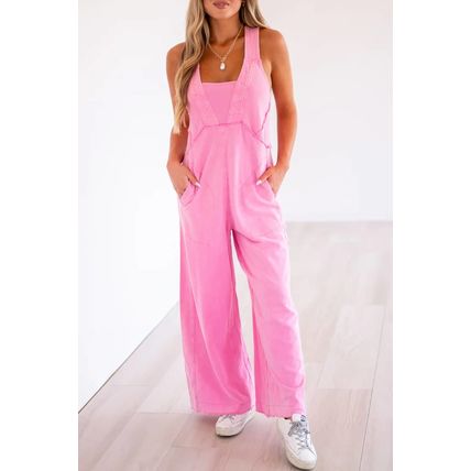 Bonbon Mineral Wash Raw Seam Patchwork Wide Leg Loose Jumpsuit