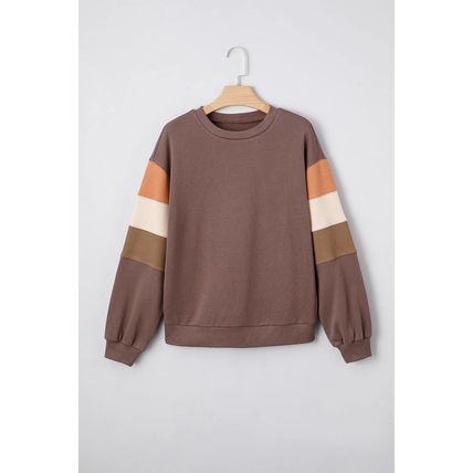 Dark Khaki Color Block Drop Shoulder Pullover Casual Sweatshirt