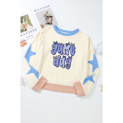 Beige Game Day Graphic Starry Patched Sleeve Contrast Trim Casual Sweatshirt