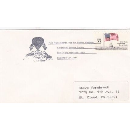 United States 1987 1st Trans Atlantic crossing by hot air balloon FDC typed VGC