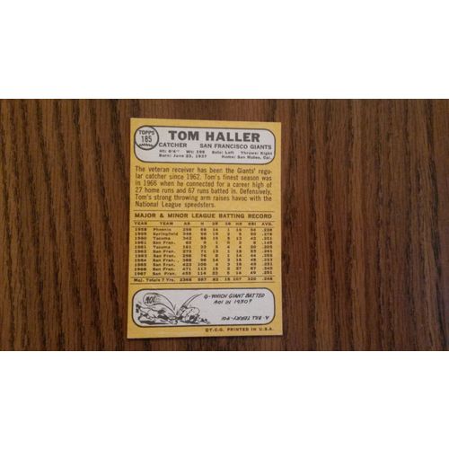 1968 Topps Card # 185 Tom Haller Good (2) San Francisco Giants