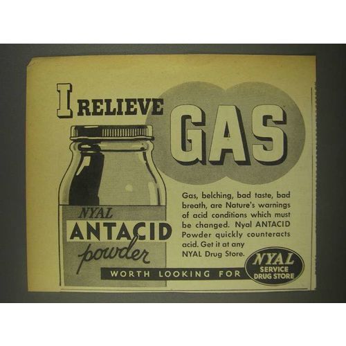 1936 Nyal Antacid Powder Ad - I Relieve Gas