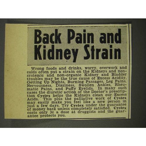 1940 Cystex Medicine Ad - Back Pain and Kidney Strain
