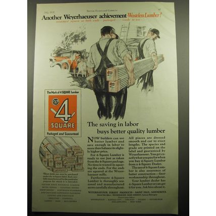 1928 Weyerhaeuser 4 Square Lumber Ad - Wasteless Lumber