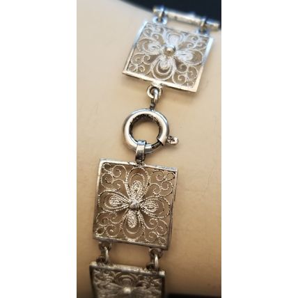 Vintage 835 Silver Filigree Flower Panel Bracelet