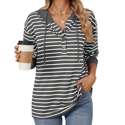 Striped Color Contrast Patchwork Hooded Long Sleeve Loose Sweatshirt Women