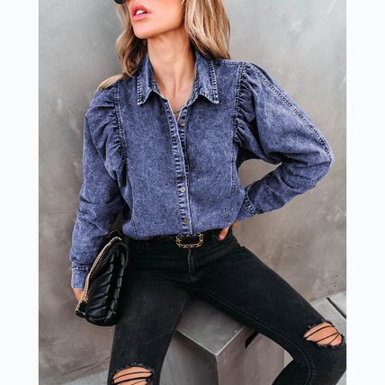 fashion street style denim shirt lady Autumn and winter lapel casual
