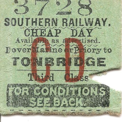 Southern Railway Edmondson Ticket - Dover Marine or Priory to Tonbridge