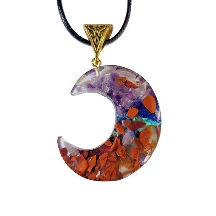 Crescent Moon Pendant Resin With Copper Detail 3.5cm x 4cm 44cm long waxed