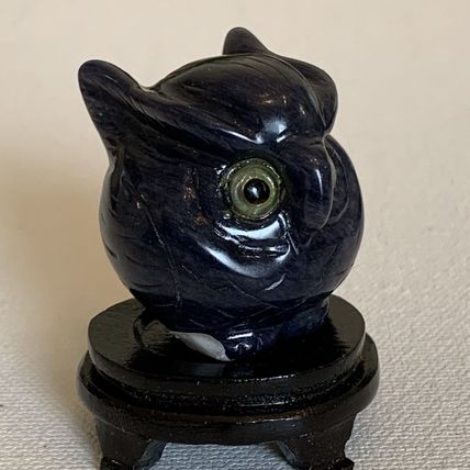 Blue Sodalite Owl Figurine Vintage Fine Chinese Carved Bird W Stand 1.4" READ**