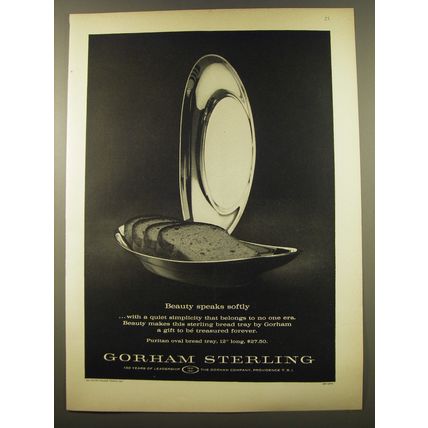 1961 Gorham Sterling Puritan Oval Bread Tray Advertisement - speaks softly
