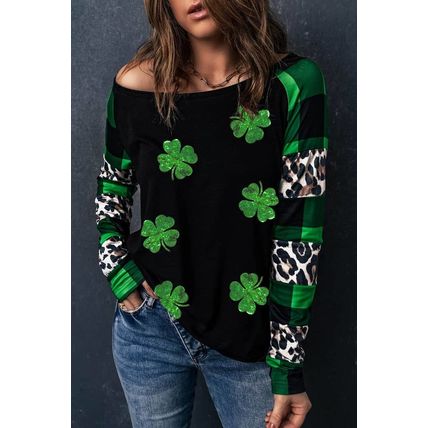 Green Sequin Clover Patch Graphic Plaid&Leopard Sleeve Top