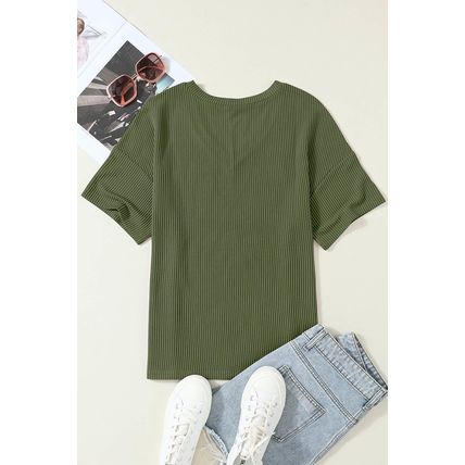 Jungle Green Corded V Neck Chest Pocket Loose T-shirt