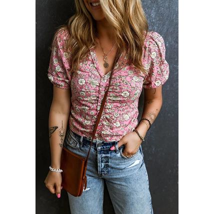 Pink Floral Short Puff Sleeve V Neck Ruched Blouse