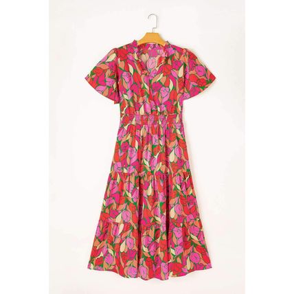 Rose Floral Short Sleeve Smocked Waist Maxi dress