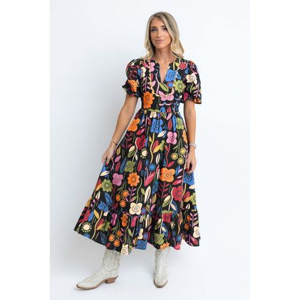 Black Retro Floral Printed Split Neck Maxi Dress