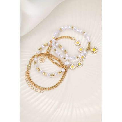 White 4pcs Daisy Pearl Beaded Chain Bracelet Set