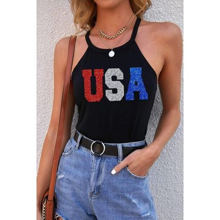Black Glitter USA Letters Graphic Tank Top