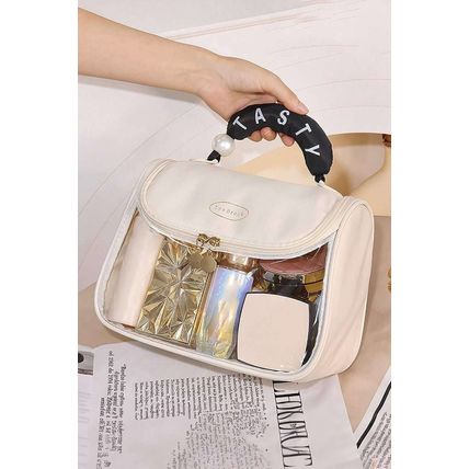 Beige TASTY Print Handle Inside Pocket Clear Makeup Bag