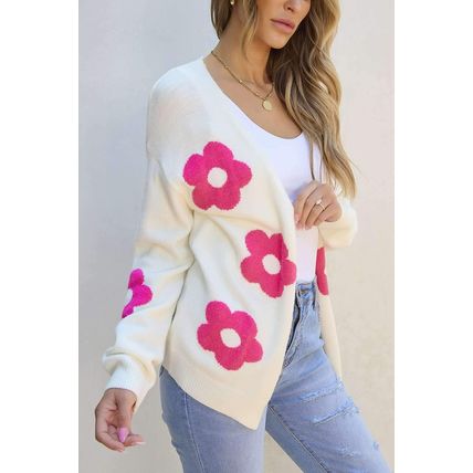 Rose Red Flower Pattern Open Front Cardigan