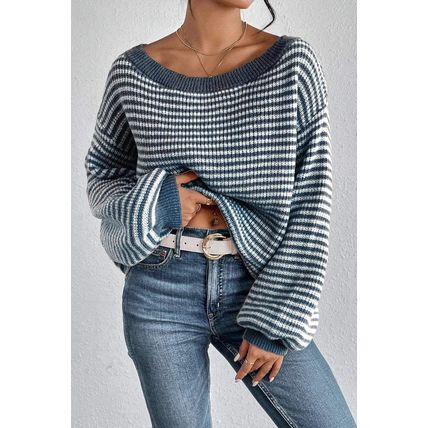 Sail Blue Striped Lantern Sleeve Drop Shoulder Cozy Sweater