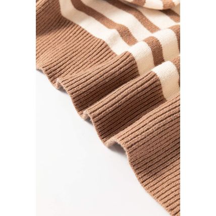 Brown Stripe Colorblock Bishop Sleeve Turtleneck Sweater