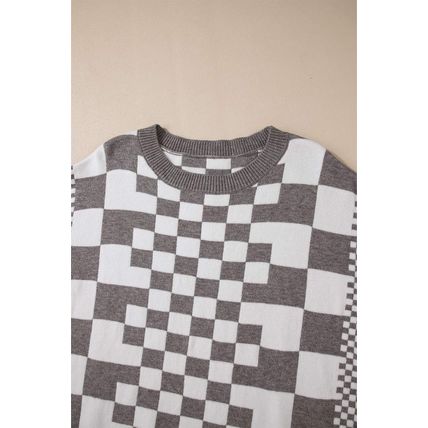 Gray Checkered Print Drop Shoulder Round Neck Sweater