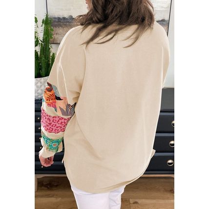 Beige Plus Size Printed Patchwork Sleeve Split Sweatshirt