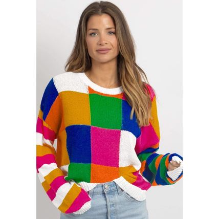 Orange Checkered Color Block Round Neck Loose Sweater