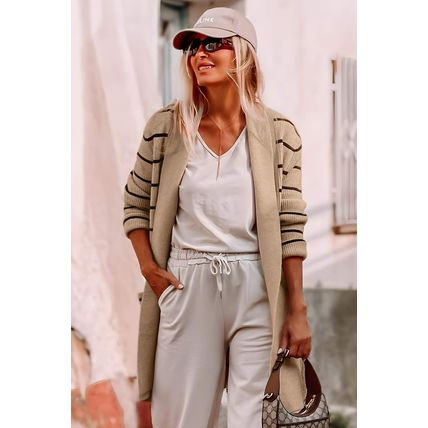 Black Stripe Shawl Neckline Open Cardigan with Pockets