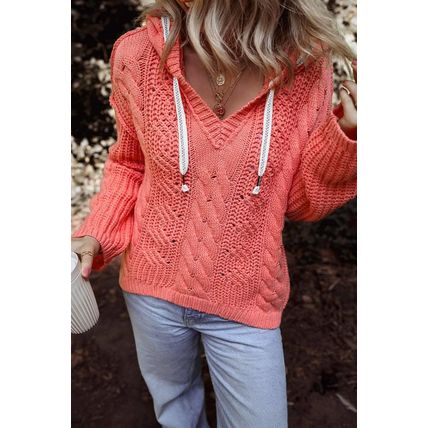 Gold Flame Cable Knit V Neck Contrast Drawstring Hooded Sweater