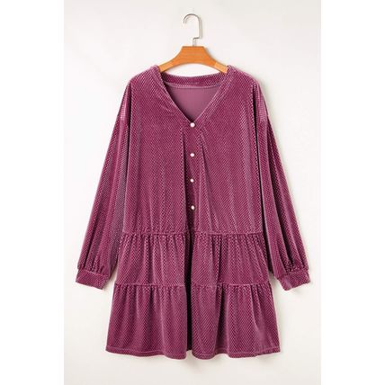 Meadow Mauve Plus Size Textured Velvet Tiered Button V Neck Dress