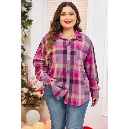Rose Stripe Plus Size Checkered Print Button up Shirt