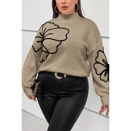Dark Khaki Plus Size Big Flower Pattern High Neck Drop Shoulder Sweater