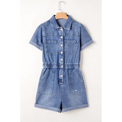 Dusk Blue Chest Pocket Front Buttoned Folded Edge Denim Short Sleeve Romper